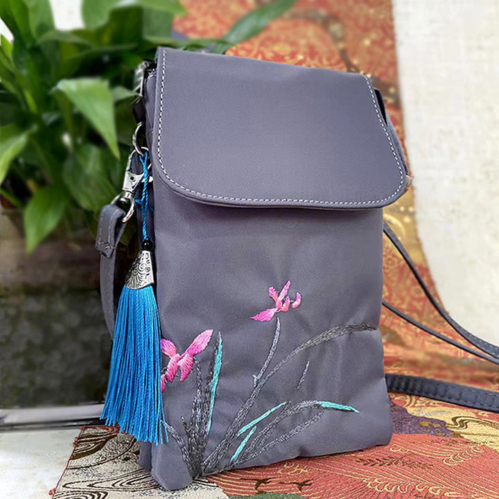 Borsa a tracolla con fiori di loto ricamati a mano, impermeabile , Buddha Stones , borsa per cellulare