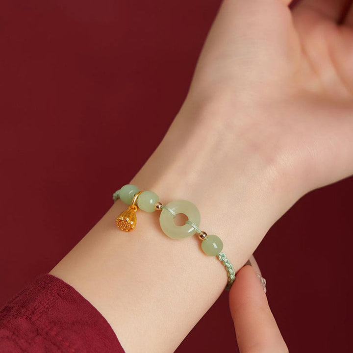 Braccialetto con corda Buddha Stones Round Peace Buckle Jade Lotus Happiness Abbondanza Ricchezza