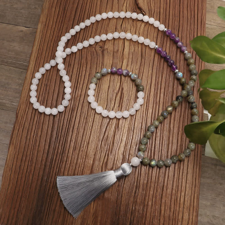 Buddha Stones 108 Mala Beads Agata Bianca Ametista Nero Glitter Pietra Braccialetto di Protezione