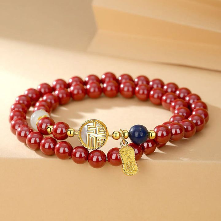 Braccialetto di benedizione a doppio giro con carattere Fu, in argento sterling 925, cinabro e tridacna in pietra Buddha Stones