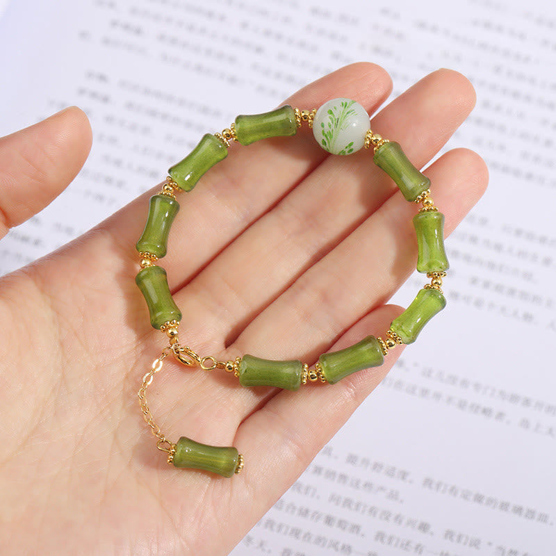 Bracciale a catena della ricchezza in agata muschiata con motivo in bambù verde Buddha Stones Liuli