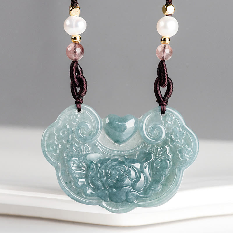 Collana con Buddha Stones a forma di fiore di peonia in giada naturale con ciondolo a forma di lucchetto di buoni auguri e prosperità