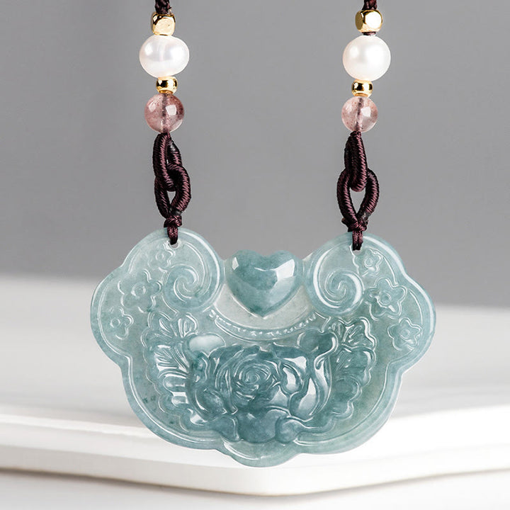 Collana con Buddha Stones a forma di fiore di peonia in giada naturale con ciondolo a forma di lucchetto di buoni auguri e prosperità