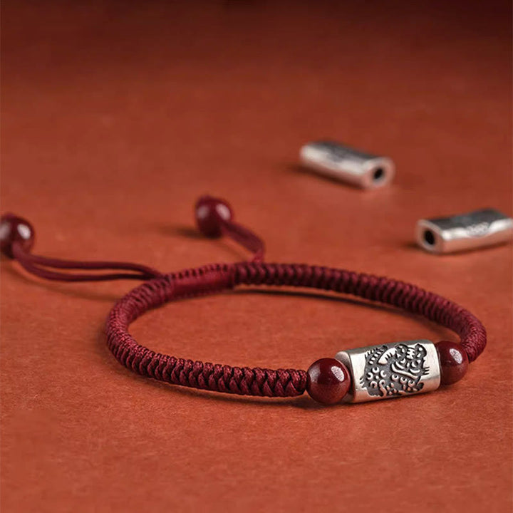 Braccialetto in corda di cinabro con 12 segni zodiacali cinesi in argento sterling 925 Buddha Stones