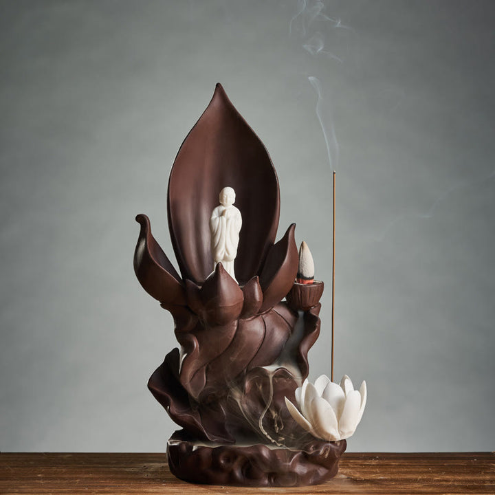 Buddha Stones Buddha di loto Avalokitesvara Illuminazione Bruciatore di incenso in argilla viola Decorazione
