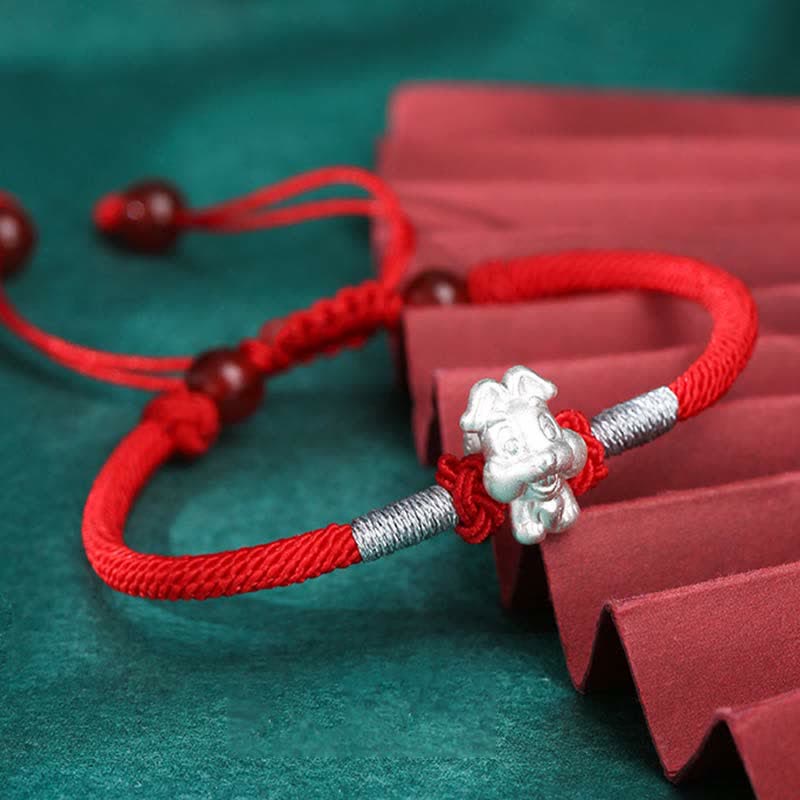Braccialetto in corda rossa con Buddha Stones in argento sterling 999, zodiaco cinese, fortuna e forza - Coniglio (misura del braccialetto 15,5 cm + 8 cm) - image 0