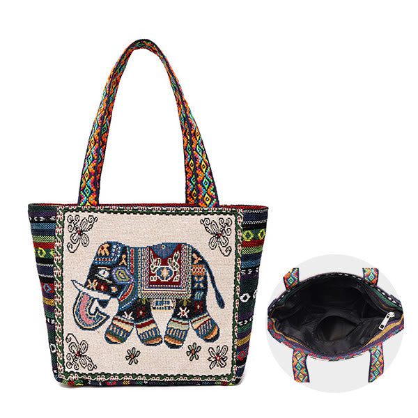 Borsa a tracolla in tela di grande capacità ricamata con elefante e farfalla , Buddha Stones - image 1