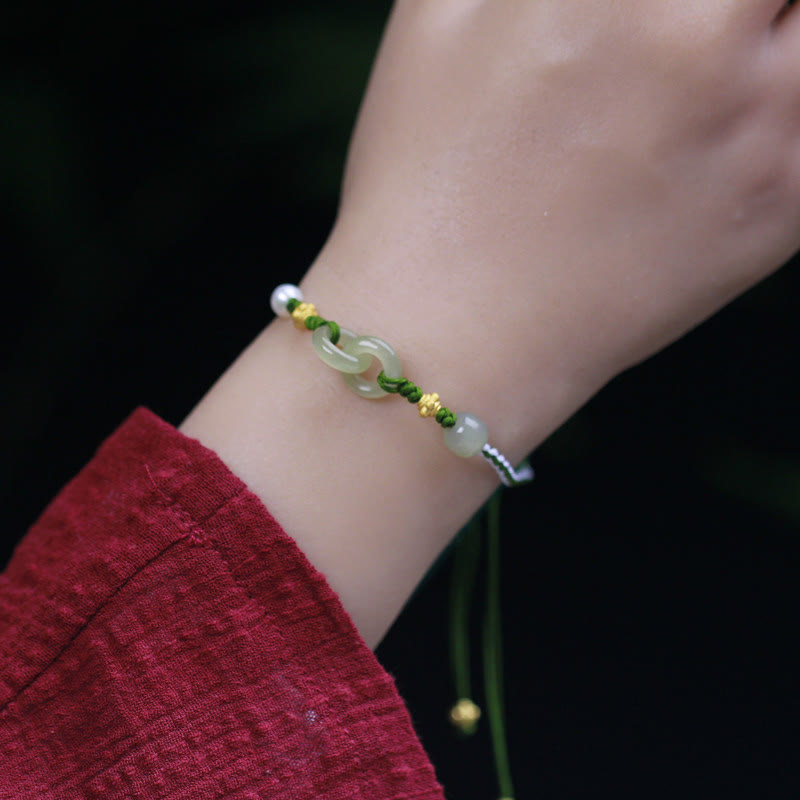 Bracciale intrecciato con fibbia a doppia pace in argento sterling 925 e giada di Hetian , Buddha Stones
