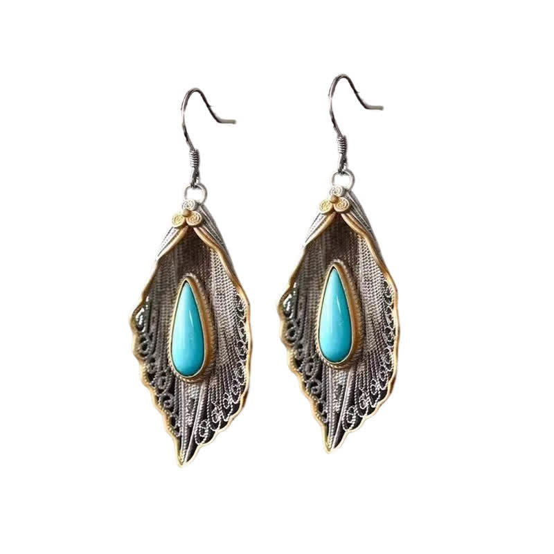 Orecchini pendenti con motivo a foglia di Bodhi in argento sterling 925 con Buddha Stones e turchese