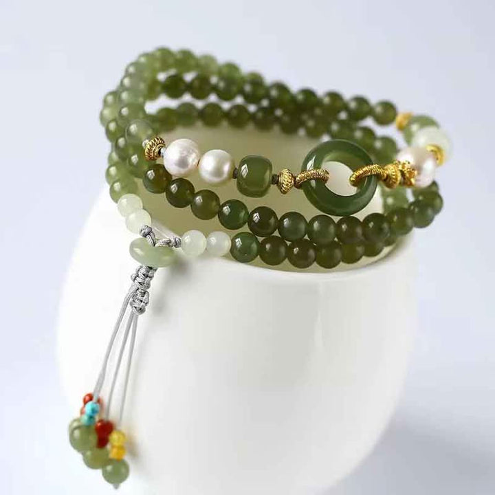Braccialetto di corda con fibbia della pace, perle di giada Hetian, pietre Buddha Stones e ricchezza