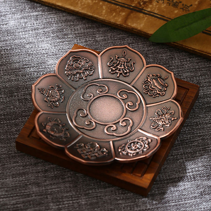 Buddha Stones, loto, drago, fenice, otto simboli di buon auspicio, porta incenso in lega di zinco, bruciatore di incenso curativo, decorazione