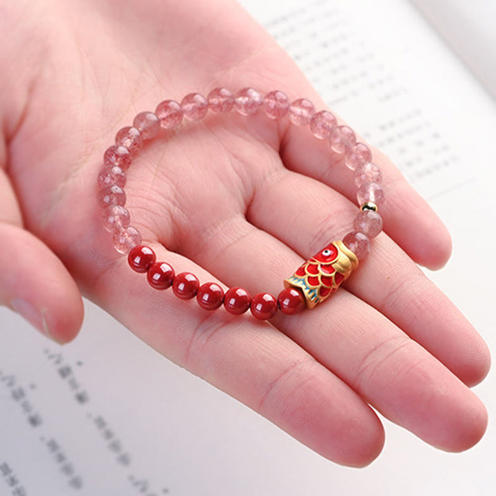 Braccialetto curativo con pesce koi portafortuna in quarzo fragola naturale cinabro Buddha Stones
