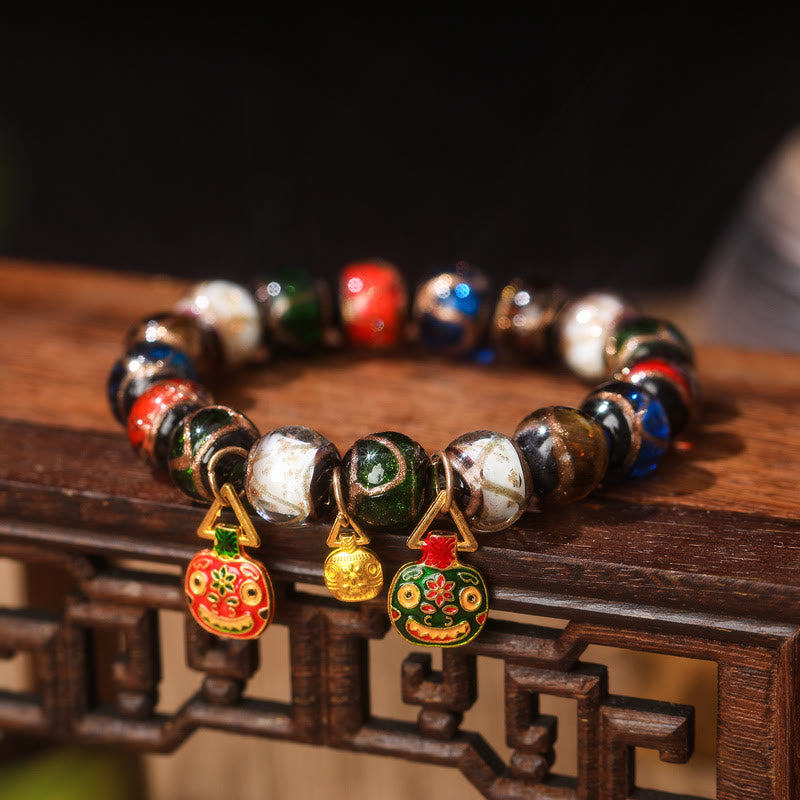 Buddha Stones Cinque Elementi Oro Bestia che deglutisce Fascino Famiglia Braccialetto Portafortuna con Perline di Vetro Liuli