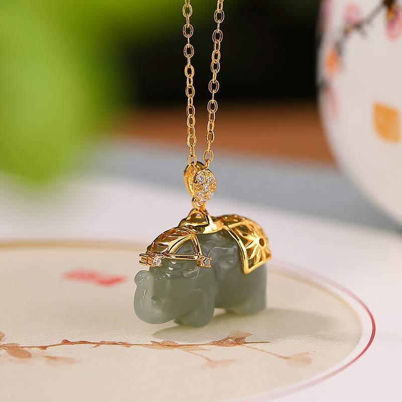Collana con ciondolo a forma di elefante in argento sterling 925 con Buddha Stones e giada, benedizione e fortuna - Giada - image 0