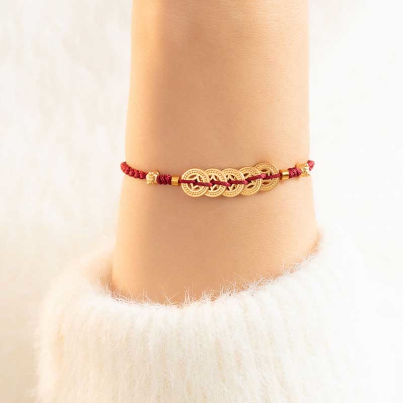 Braccialetto intrecciato con monete di rame, albero della fortuna, forza e Buddha Stones
