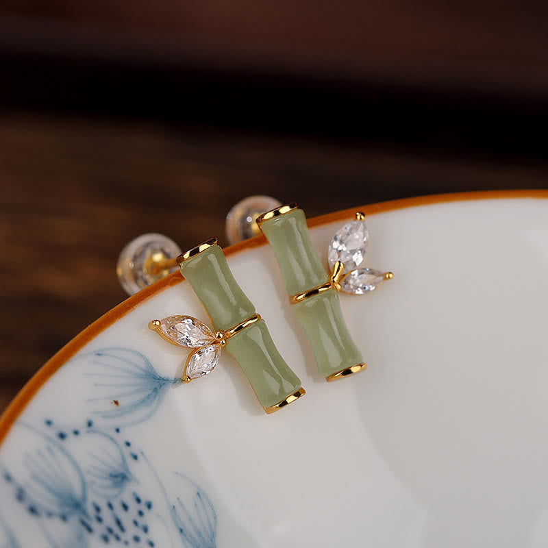 Orecchini a bottone con motivo di bambù e agata rossa, in argento sterling 925, Buddha Stones e giada ciano di Hetian, giada bianca e motivo di bambù