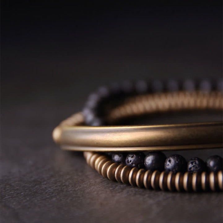 Braccialetto di supporto in rame con roccia lavica vintage Buddha Stones