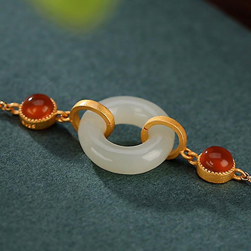 Braccialetto della fortuna in agata rossa con fibbia della pace in giada naturale Hetian, argento Buddha Stones 925 placcato oro