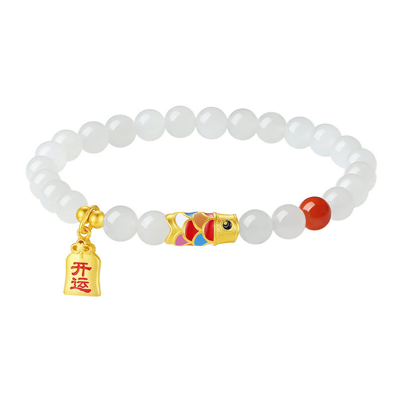 Bracciale Buddha Stones 925 Sterling Silver Hetian Giada Bianca Agata Rossa Koi Pesce Fortuna Felicità