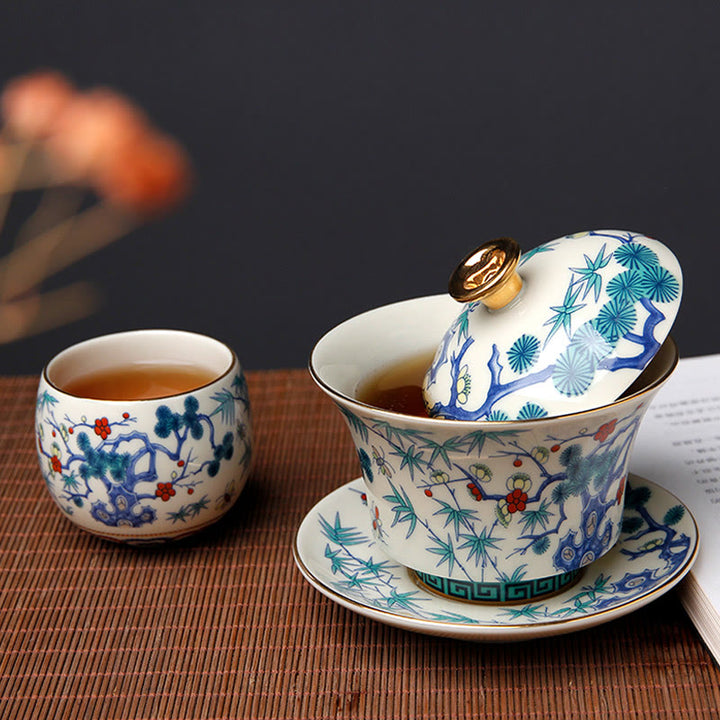 Buddha Stones Retro Prugna Fiore Pino Bambù Fenice Kirin Ceramica Gaiwan Sancai Tazza da tè Kung Fu Tazza da tè e piattino con coperchio