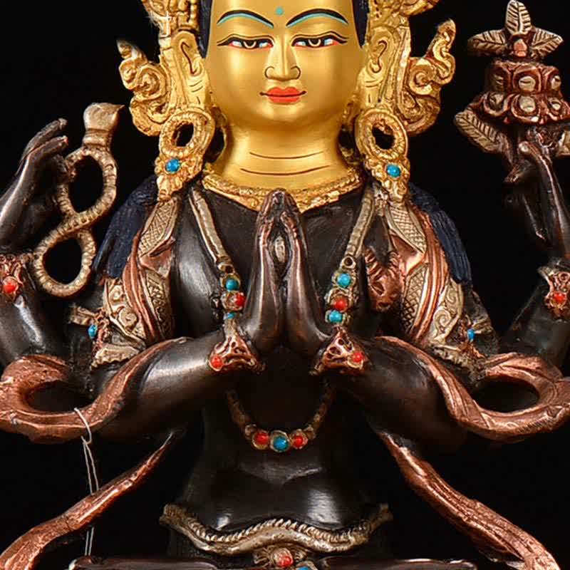 Statua di rame di protezione di Avalokitesvara a quattro braccia del Bodhisattva Chenrezig Decorazione