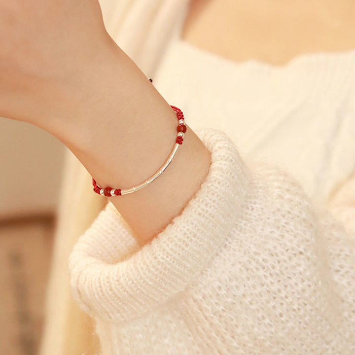 Braccialetto intrecciato con perline di protezione in argento sterling 925 Buddha Stones, agata bianca e agata rossa