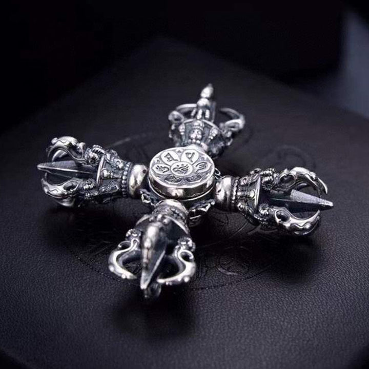 Buddha Stones Tibetano Argento Sterling 925 Doppio Dorje Vajra Inciso Ciondolo Potere Spirituale