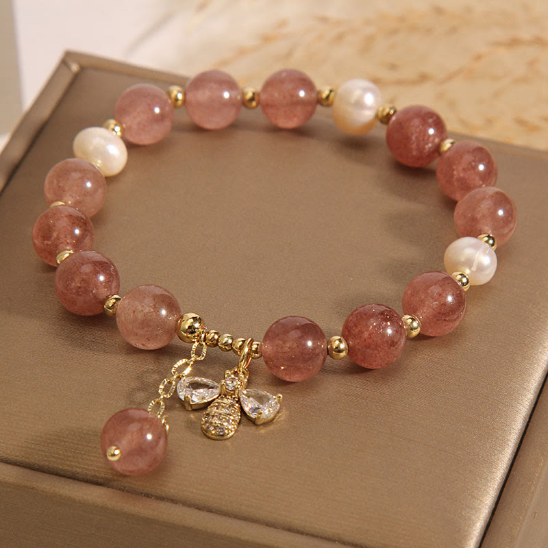 Braccialetto con ciondolo positivo ape con zircone carino e quarzo fragola perla Buddha Stones