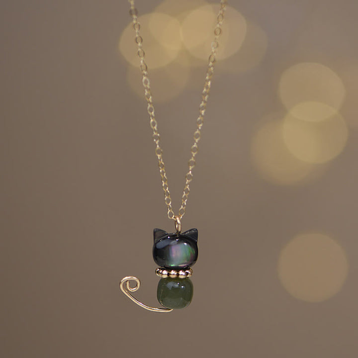 Buddha Stones 14K placcato oro perla Hetian giada conchiglia fortuna gatto gattino collana pendente - Placcato oro normale 14K - Shell&Cyan Jade - image 8
