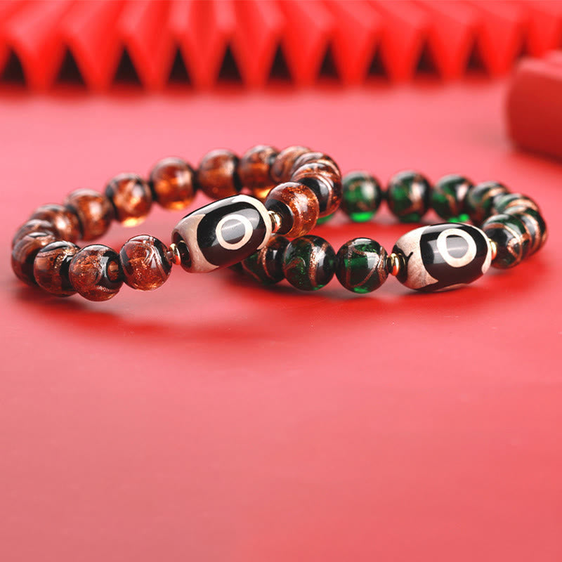 Buddha Stones Perlina Dzi tibetana a nove occhi Perlina Dzi a tre occhi Perlina di vetro Liuli Braccialetto della ricchezza