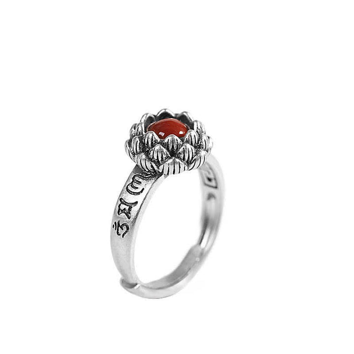 Buddha Stones925 Sterling Silver Lotus Red Agate Anello di Benedizione della Fiducia