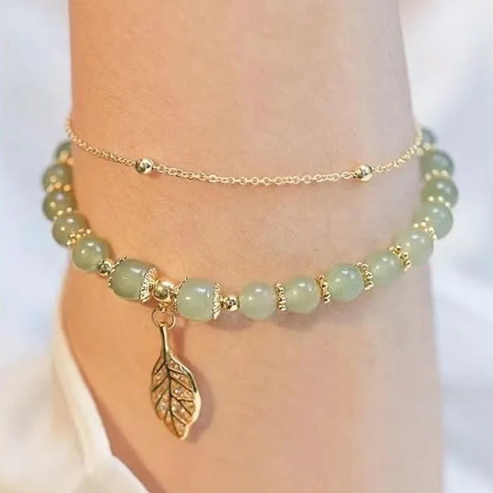 Braccialetto di perline con carattere Fu , Buddha Stones di giada, foglia di ginkgo, tulipano, arachidi e fortuna