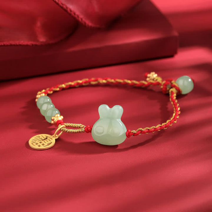 Braccialetto in corda rossa con Buddha Stones in argento sterling 925 Anno del coniglio in giada Hetian Felicità Fortuna
