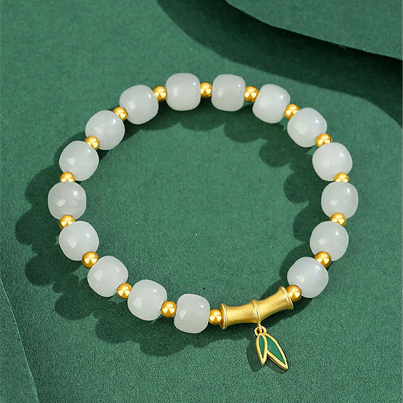 Braccialetto della fortuna in bambù e giada bianca Hetian in argento sterling 925 Buddha Stones