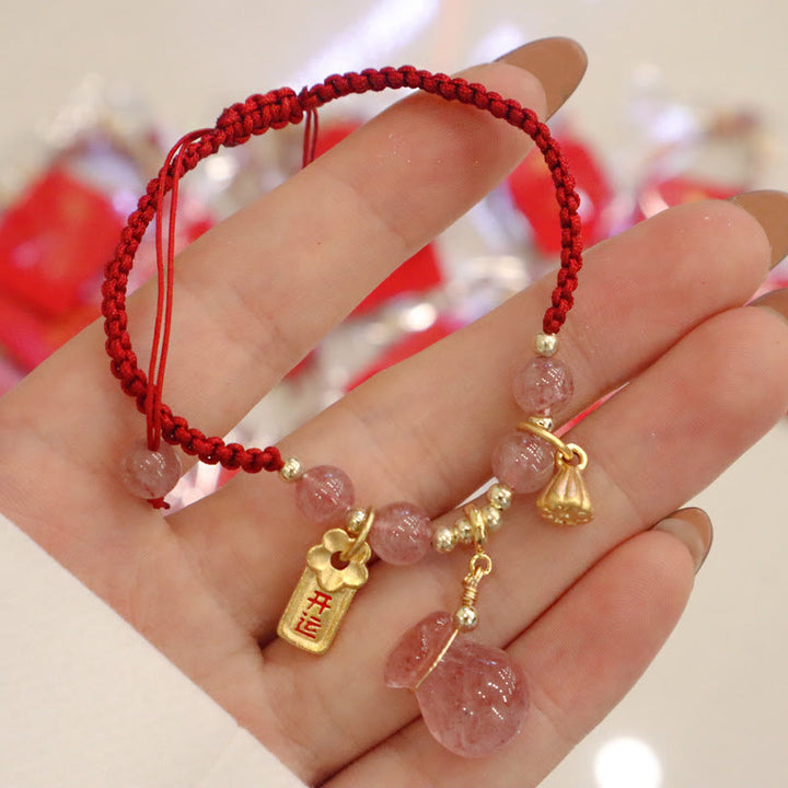 Braccialetto intrecciato con corda rossa, Buddha Stones naturale, sacchetto di denaro con loto