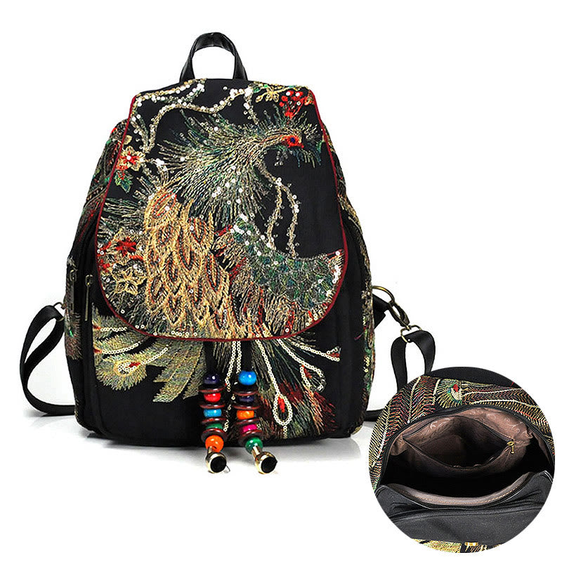 Zaino in tela con nappa e ricamo di pavone Buddha Stones