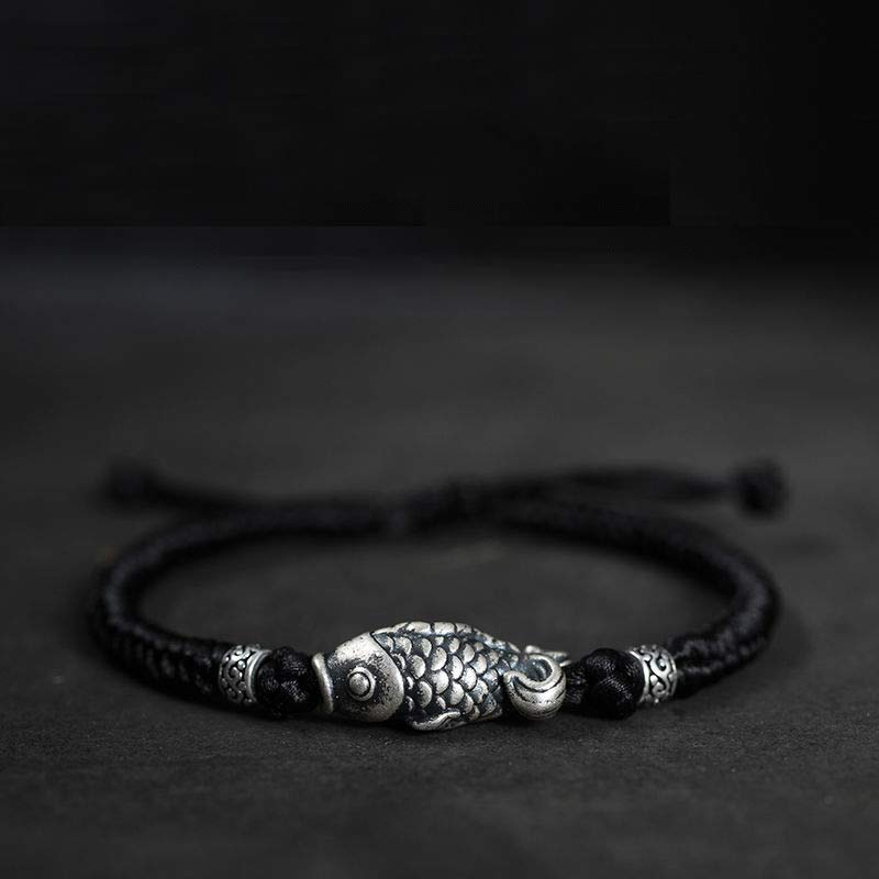 Braccialetto intrecciato con corda in argento Buddha Stones Luck Koi Fish