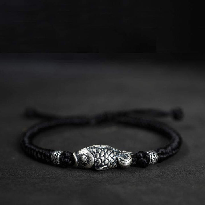 Braccialetto intrecciato con corda in argento Buddha Stones Luck Koi Fish