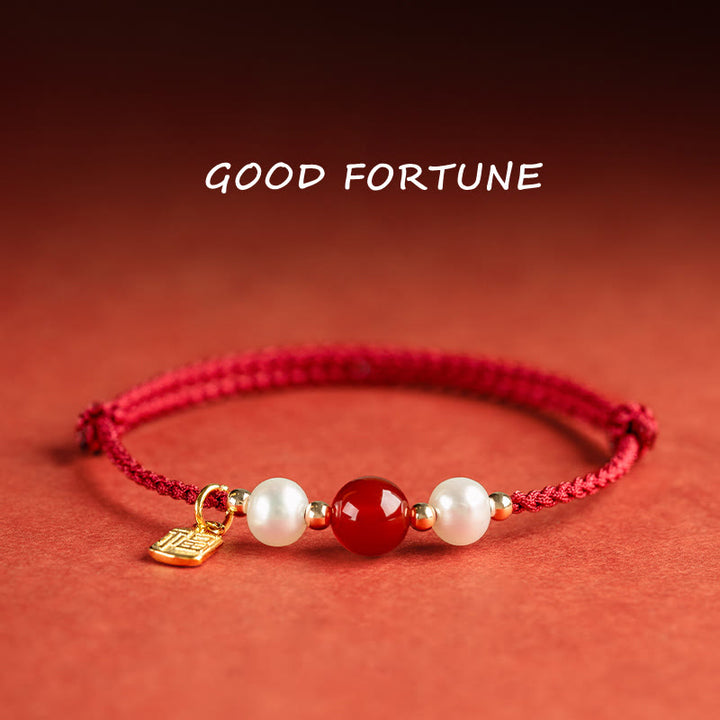 Braccialetto intrecciato in corda rossa con perle di agata e carattere Fu in argento sterling 925 con pietre Buddha Stones
