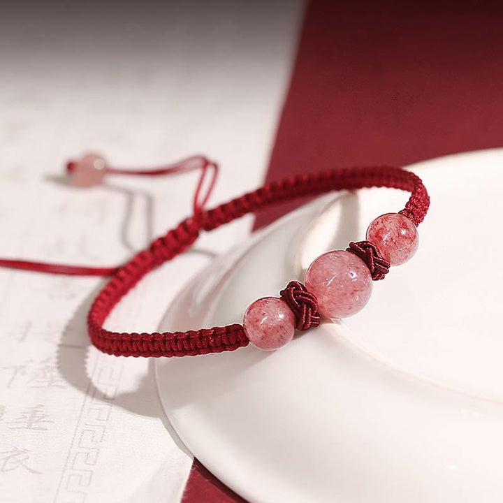 Buddha Stones Natural Strawberry Quartz Crystal Love Braccialetto intrecciato con corda rossa alla caviglia