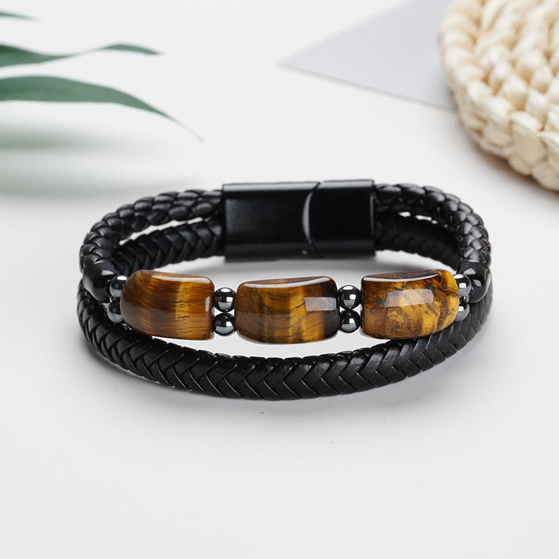 Braccialetto in pelle con fibbia magnetica e protezione naturale dell'occhio di tigre Buddha Stones