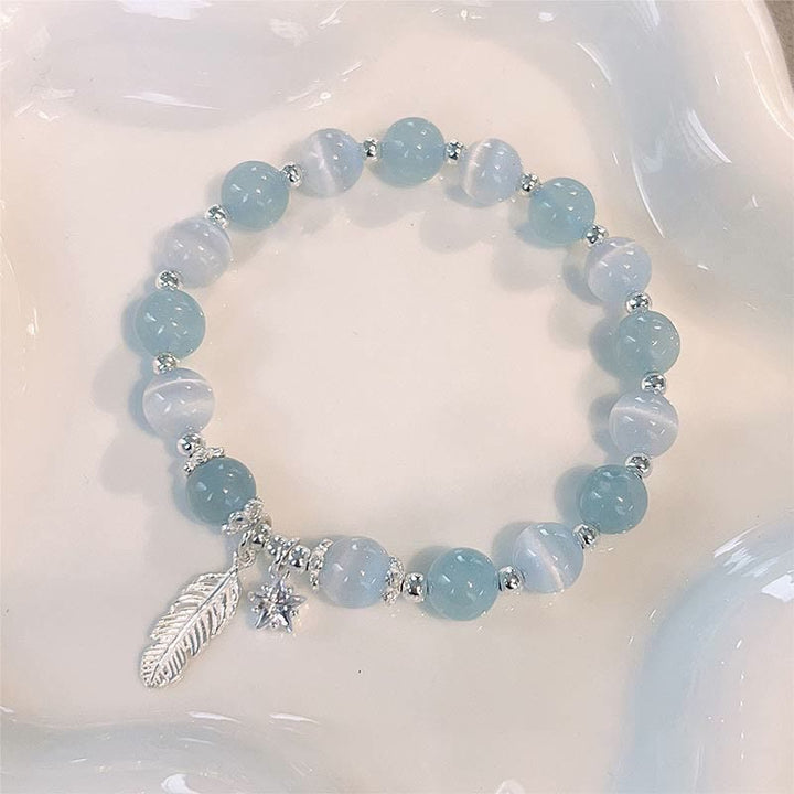 Bracciale con ciondolo a forma di stella di piuma con occhio di gatto e acquamarina in argento sterling 925 Buddha Stones
