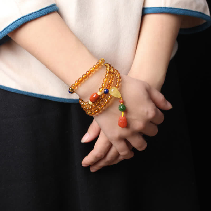 Braccialetto con ciondolo di protezione PiXiu, 108 perle di Mala, ambra citrino naturale, fibbia della pace, agata rossa - image 23