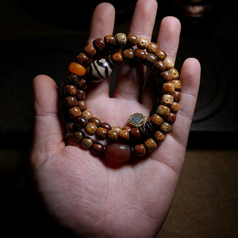 Buddha Stones Semi di Bodhi Tibetano Ambra Perline Dzi Agata Zakiram Dea della Ricchezza Perline Bracciale Triplo Avvolgimento