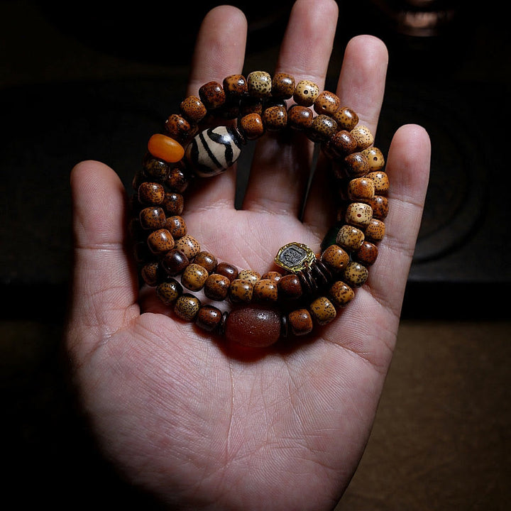 Buddha Stones Semi di Bodhi Tibetano Ambra Perline Dzi Agata Zakiram Dea della Ricchezza Perline Bracciale Triplo Avvolgimento