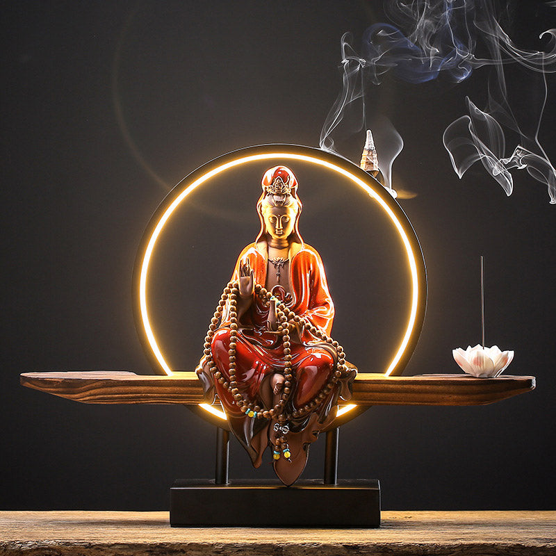 Buddha Stones Buddha Avalokitesvara Ceramica Loto Rilassamento Bruciatore di Incenso Decorazione