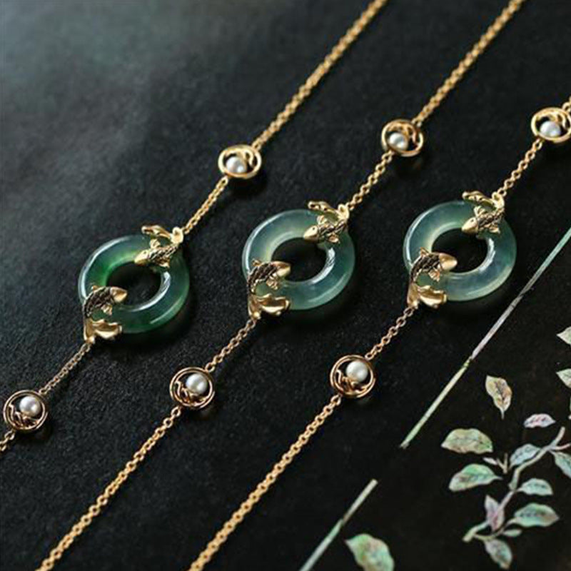 Braccialetto di armonia curativa con pesce koi in giada ciano Buddha Stones