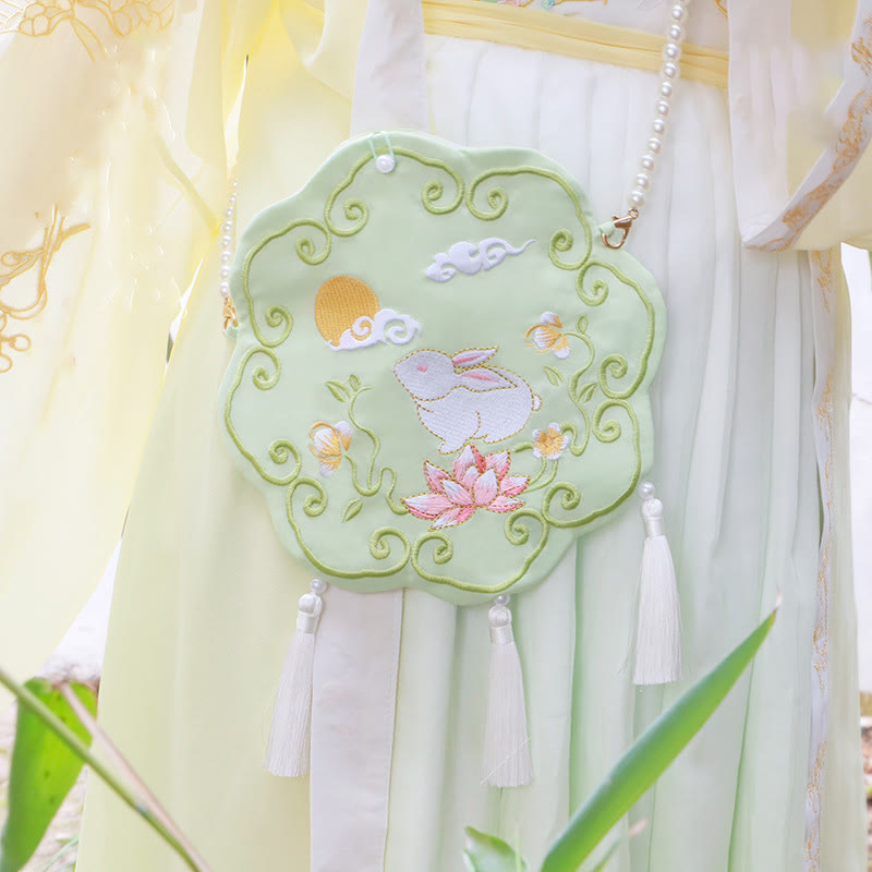 Buddha Stones Fortuna Ricamo Loto Koi Pesce Coniglio Fiore Borsa Hanfu Borsa a Tracolla Borsa a Tracolla - Coniglio fiore verde - image 22