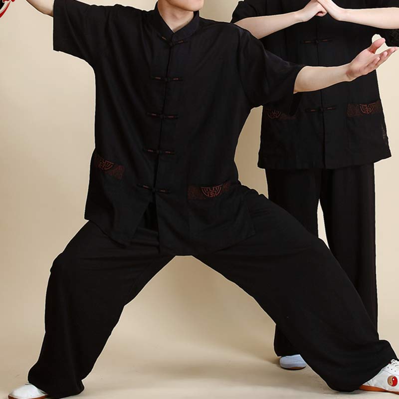 Buddha Stones Meditazione Zen Preghiera Spirituale Tai Chi Qigong Pratica Unisex Ricamo Abbigliamento Set - Manica corta con ricamo nero - US14, UK/AU18, EU46 (3XL) - image 24