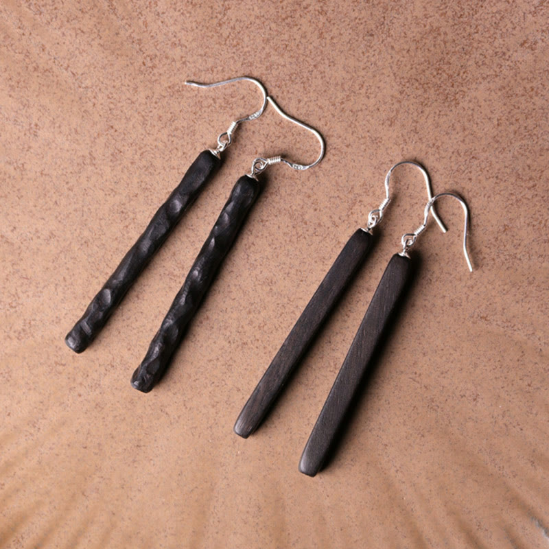 Orecchini pendenti Buddha Stones 925 Sterling Silver Ebony Wood Texture Balance Peace Drop